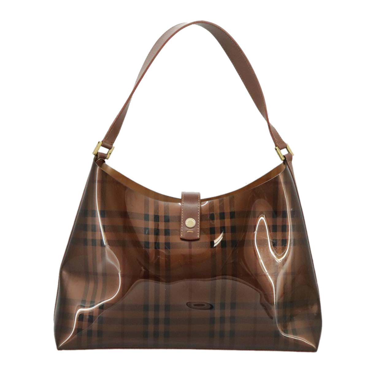 BURBERRY Nova Check Shoulder Bag Vinyl Leather Brown Gold Auth 98284