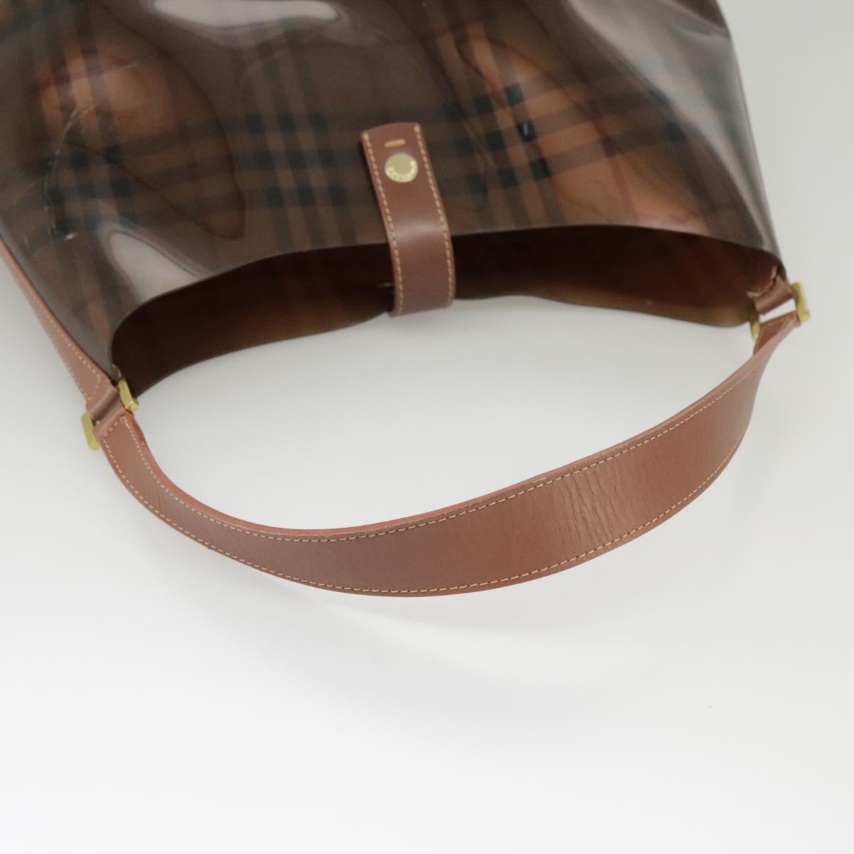 BURBERRY Nova Check Shoulder Bag Vinyl Leather Brown Gold Auth 98284