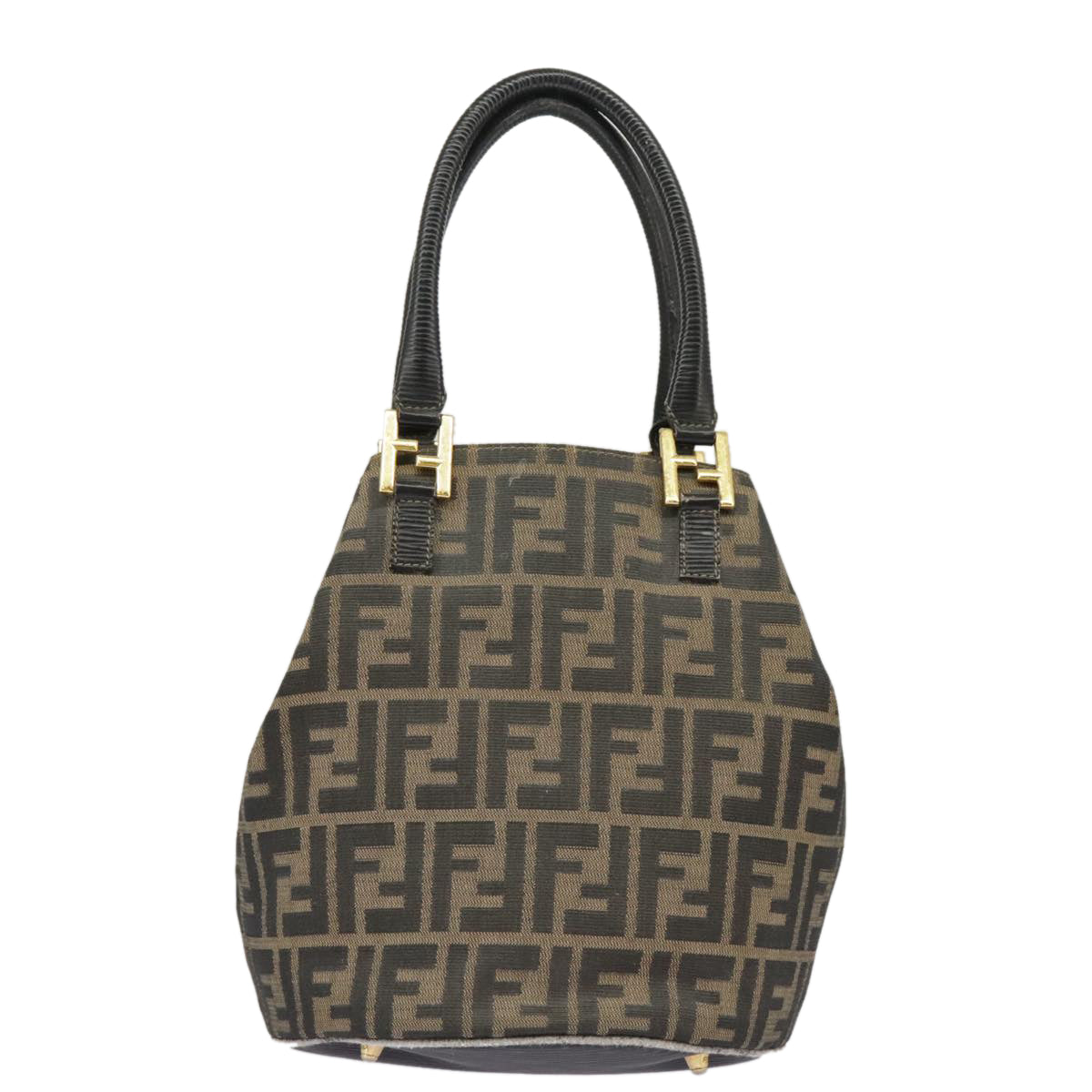 FENDI Zucca Canvas Hand Bag Brown Black Gold Auth 98285