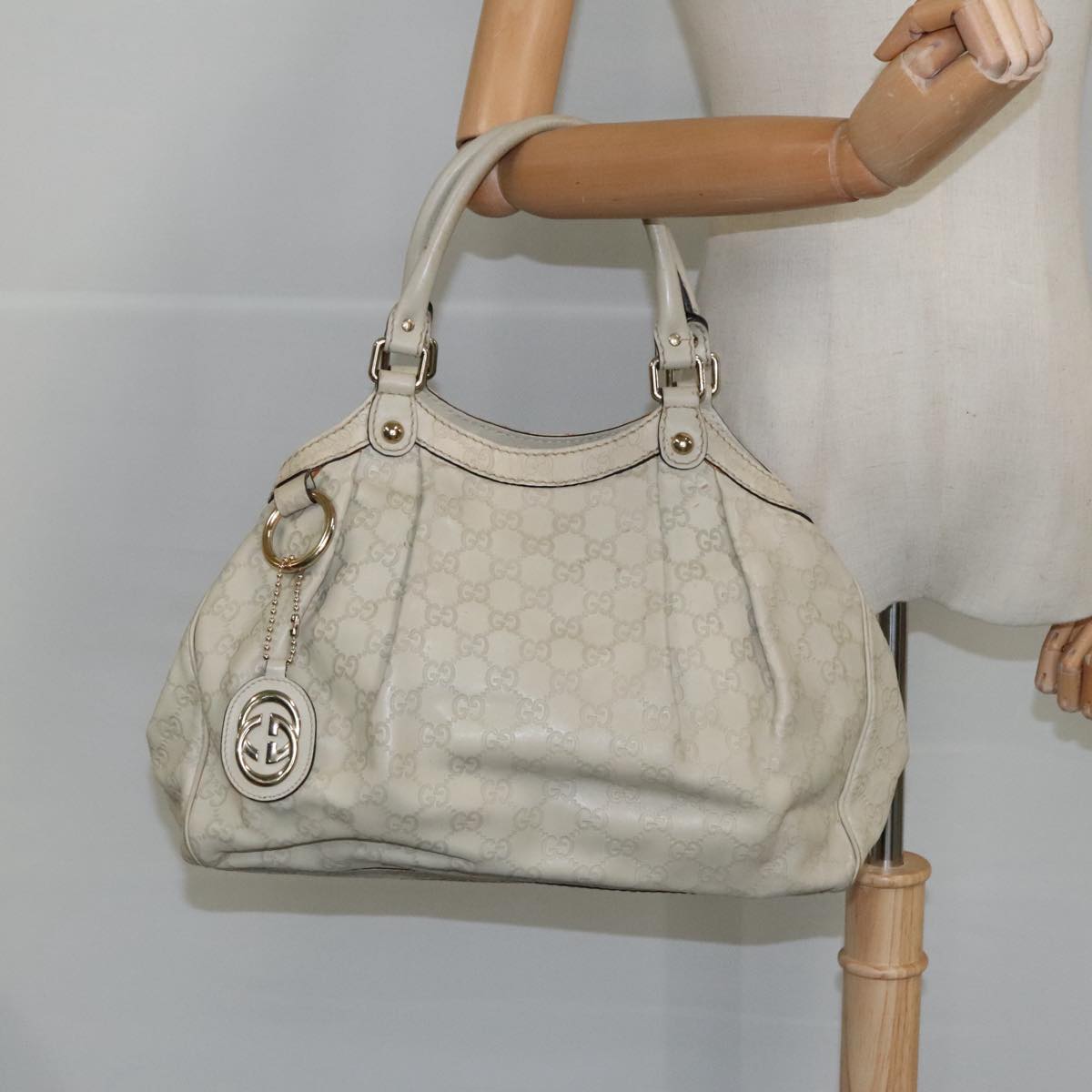 GUCCI GG Canvas Guccissima Hand Bag Leather White Gold 211944 Auth 98286