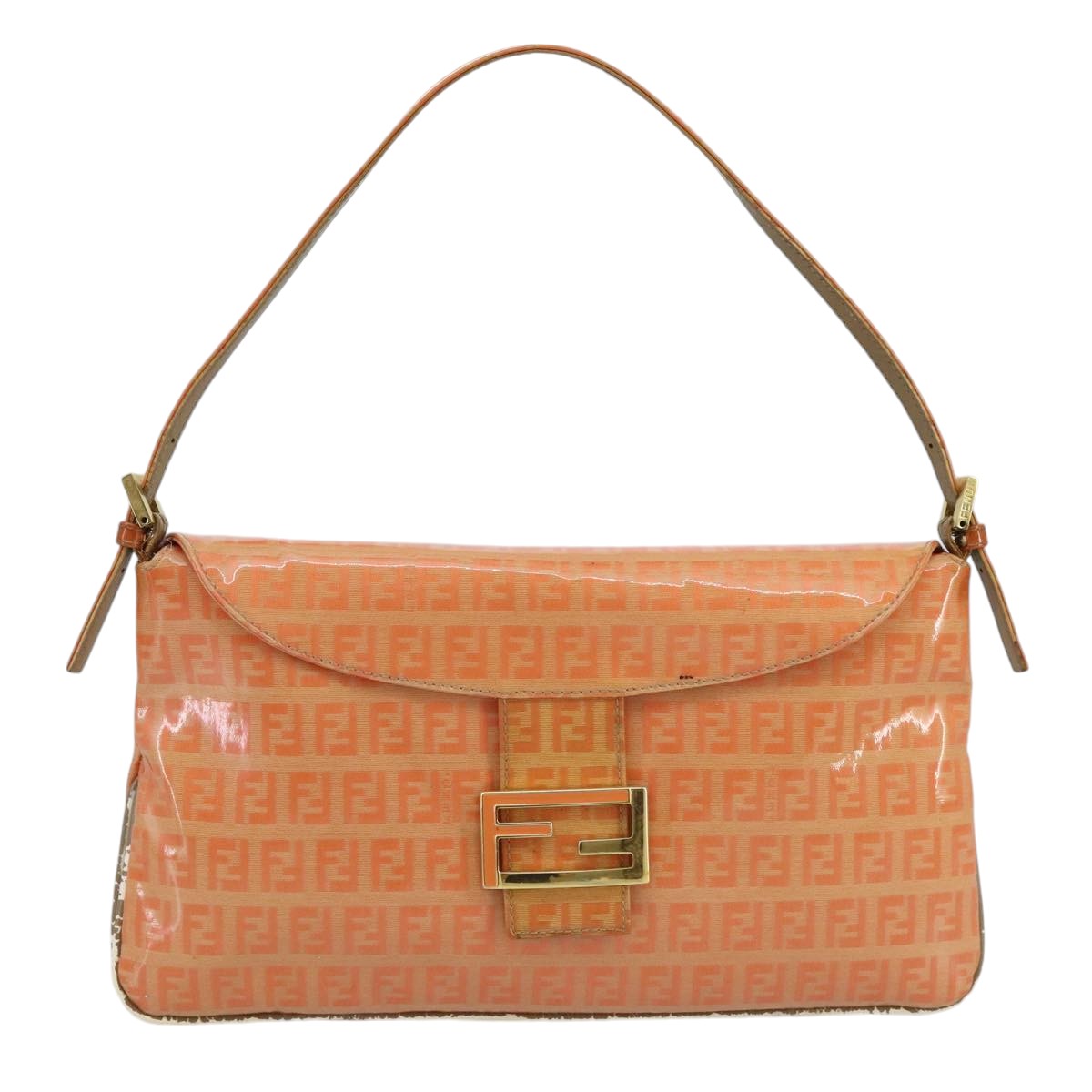 FENDI Zucchino Canvas Mamma Baguette Shoulder Bag Enamel Gold Orange Auth 98336