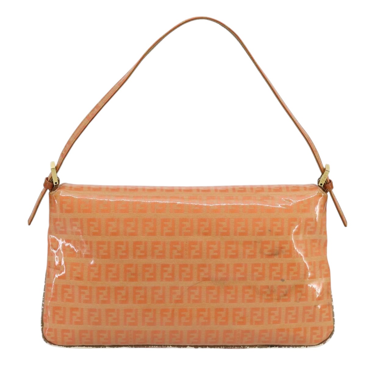 FENDI Zucchino Canvas Mamma Baguette Shoulder Bag Enamel Gold Orange Auth 98336