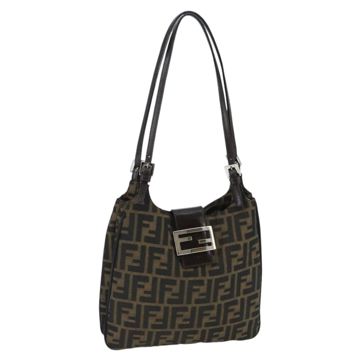 FENDI Zucca Canvas Mamma Baguette Shoulder Bag Brown Black Silver Auth 98344