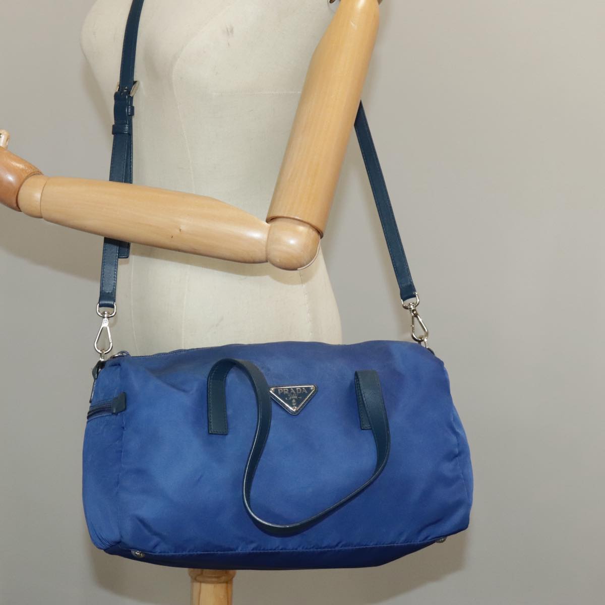 PRADA Hand Bag Nylon 2way Blue Silver Auth 98360