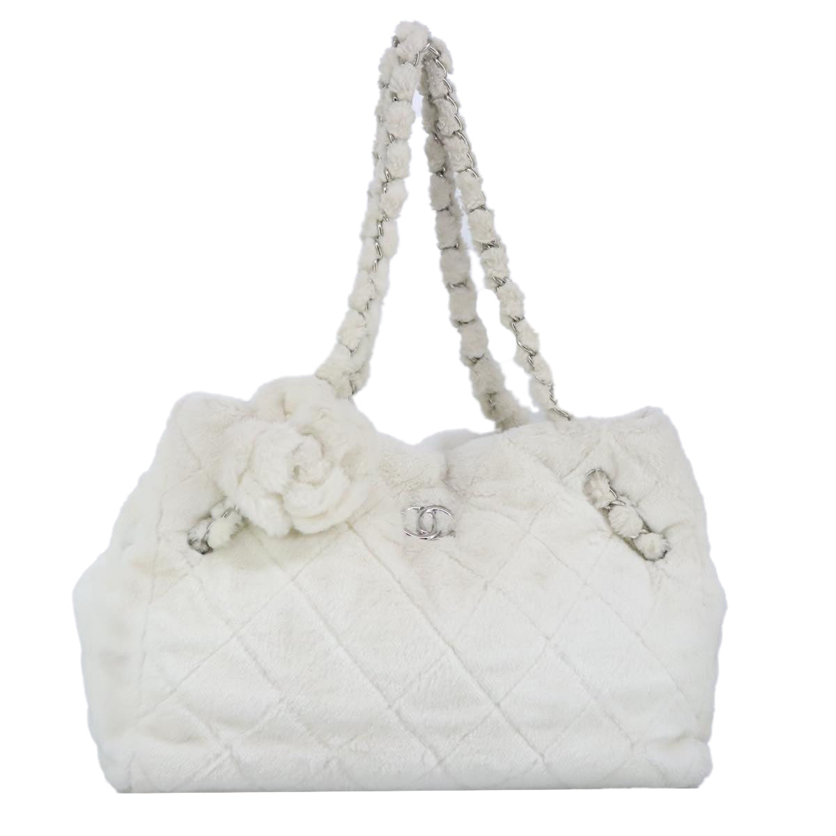 CHANEL Chain Tote Bag White Silver CC Auth 98378A