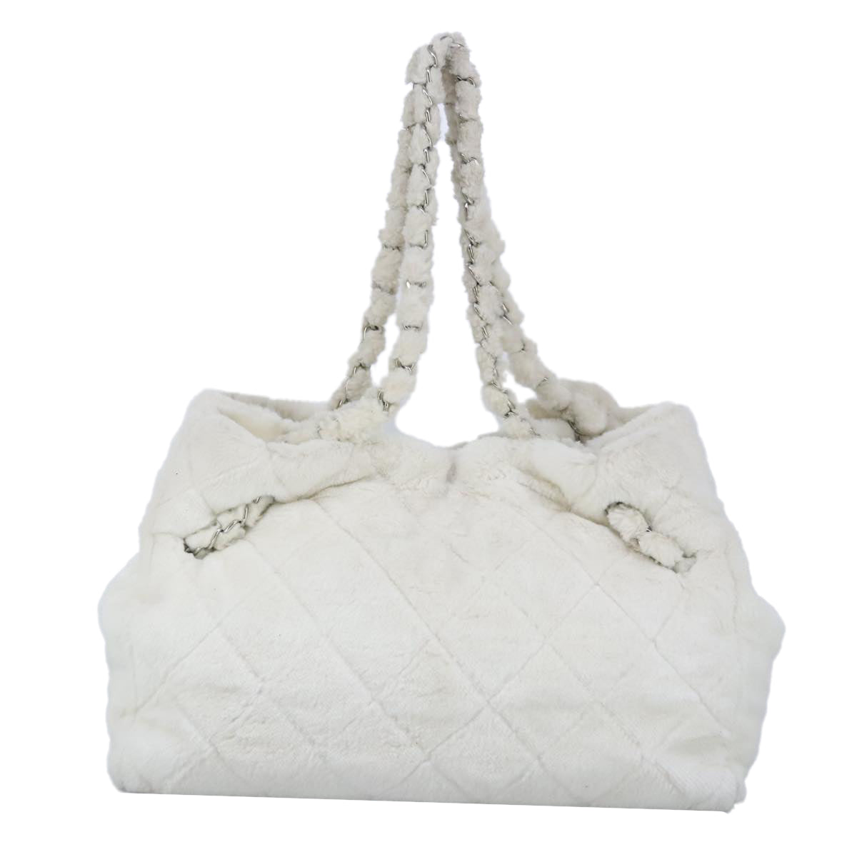 CHANEL Chain Tote Bag White Silver CC Auth 98378A