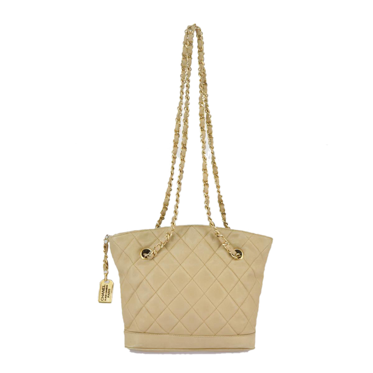 CHANEL Matelasse Chain Shoulder Bag Lamb Skin Beige Gold CC Auth 98416