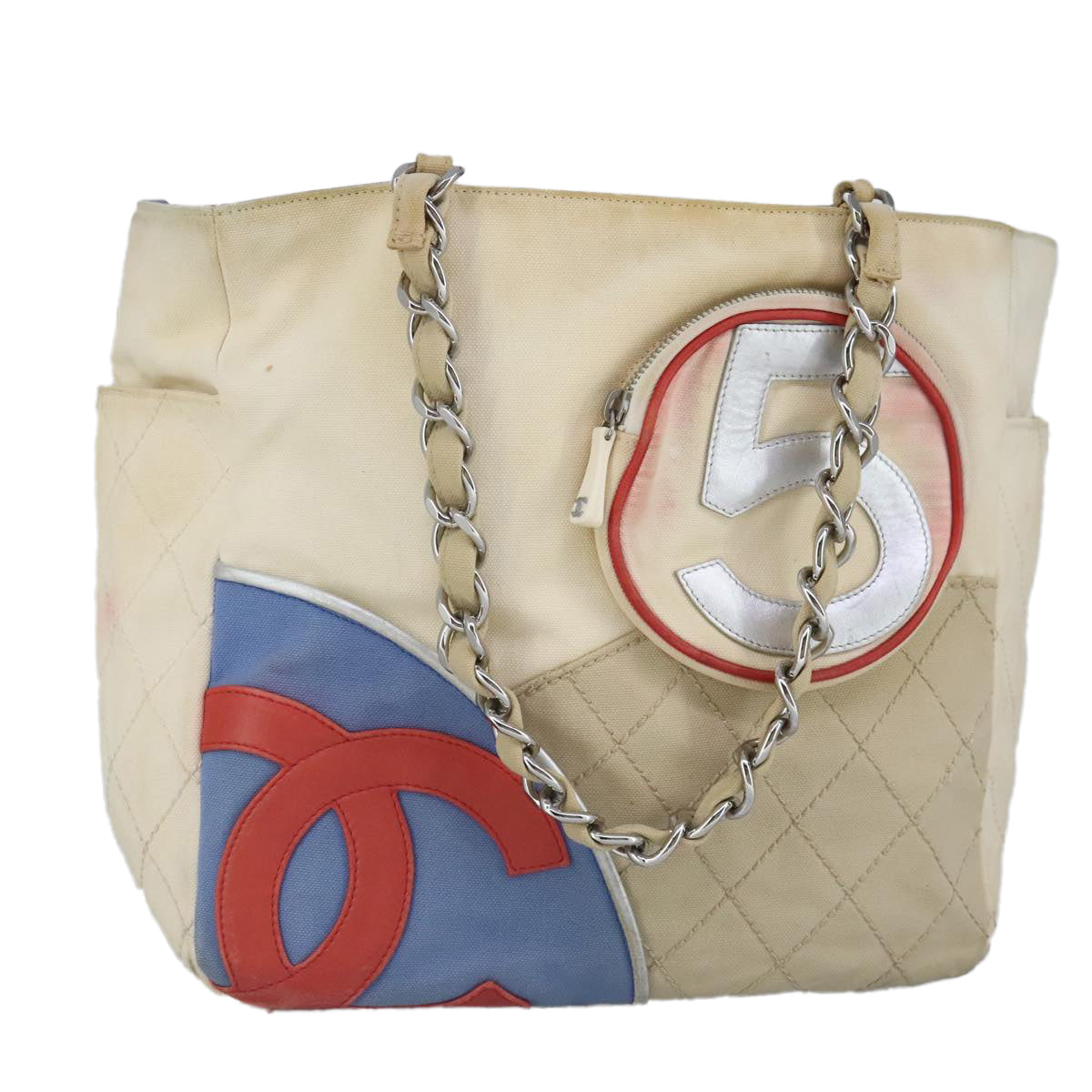 CHANEL Chain Tote Bag No5 Canvas White Silver CC Auth 98422