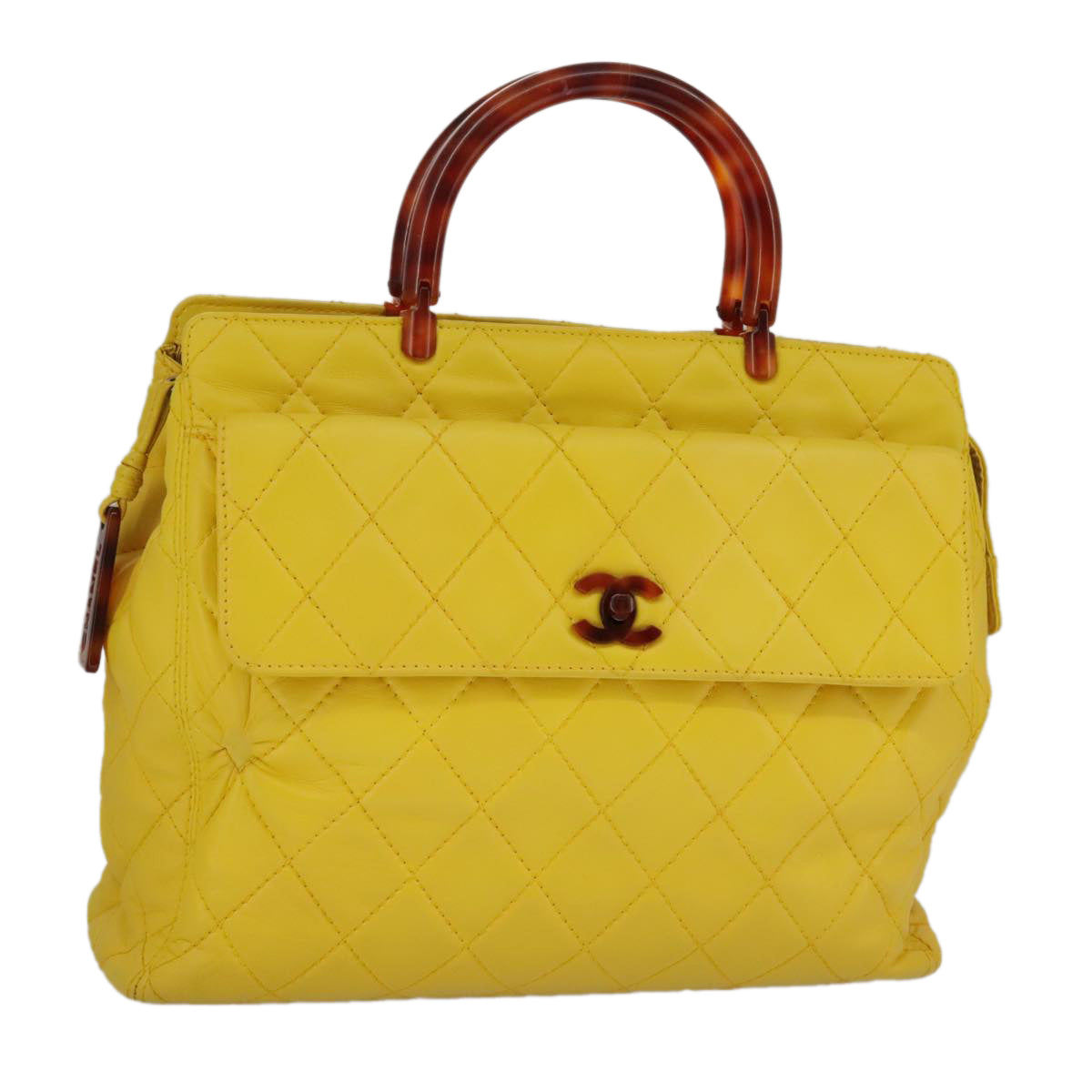 CHANEL Matelasse Hand Bag Lamb Skin Yellow CC Auth 98431