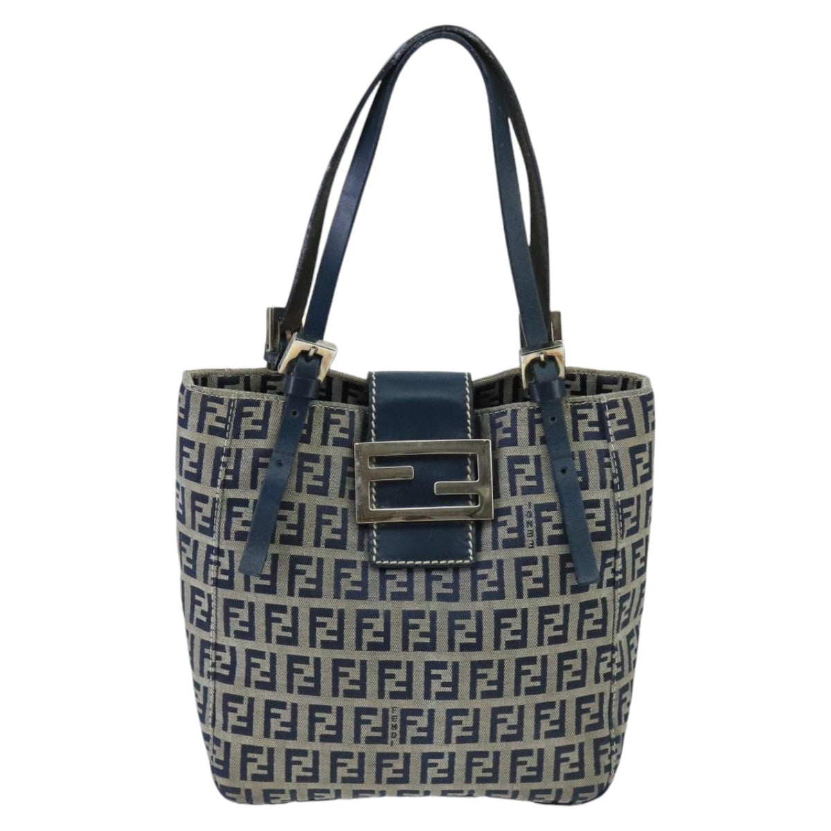 FENDI Zucchino Canvas Hand Bag Navy Silver Auth 98465