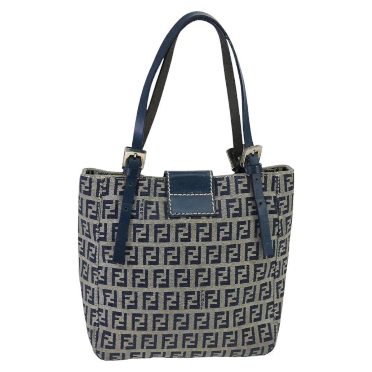 FENDI Zucchino Canvas Hand Bag Navy Silver Auth 98465