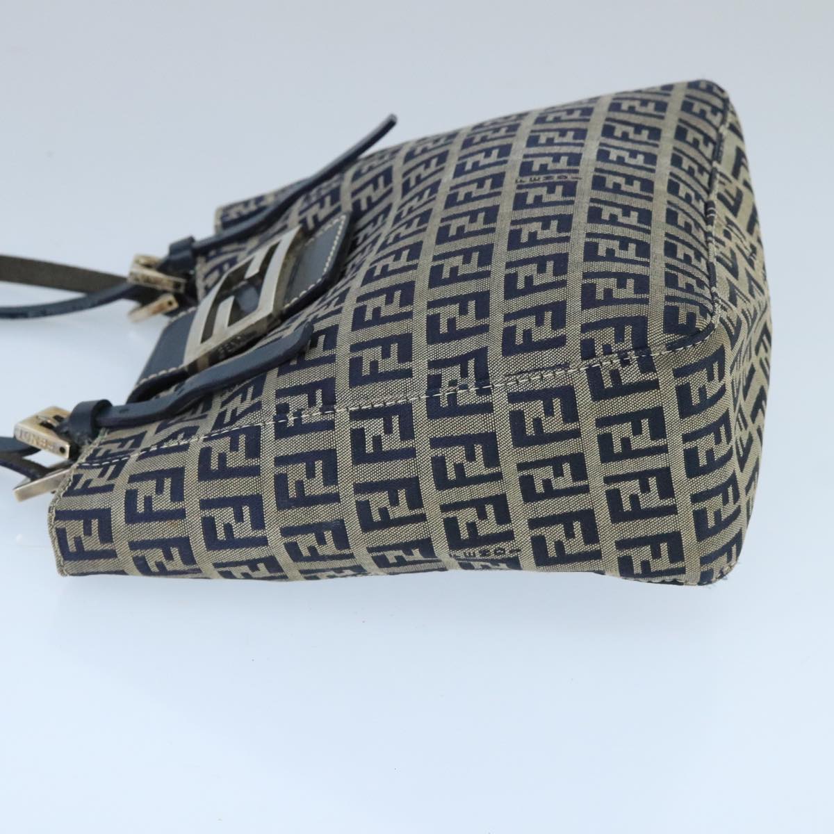 FENDI Zucchino Canvas Hand Bag Navy Silver Auth 98465