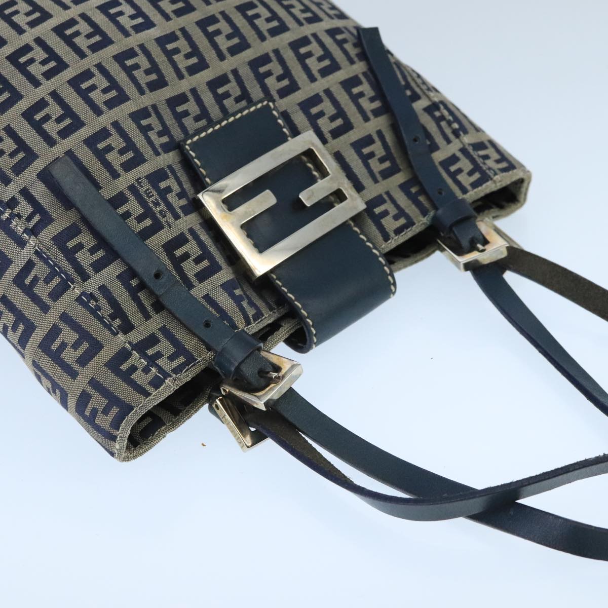 FENDI Zucchino Canvas Hand Bag Navy Silver Auth 98465