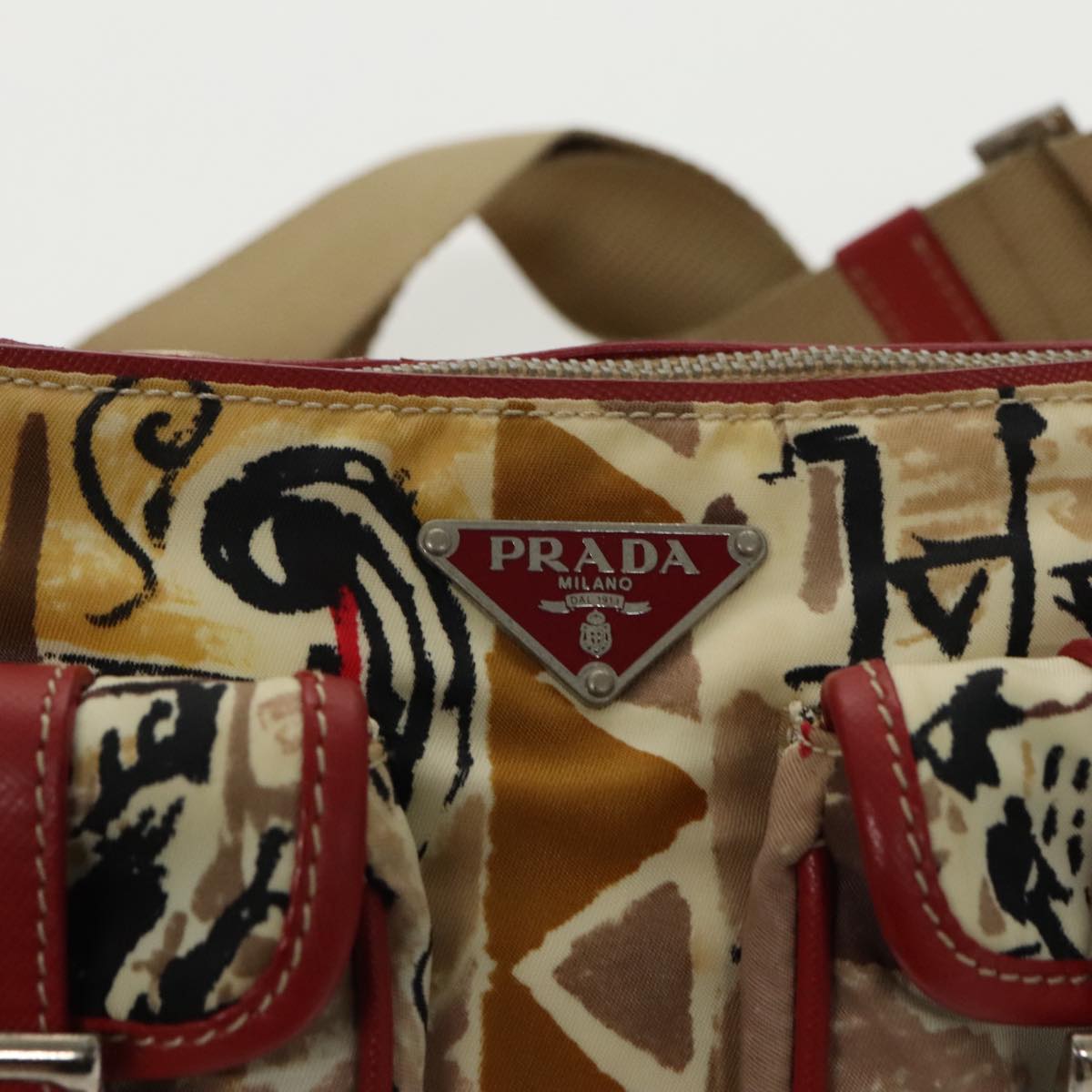 PRADA Shoulder Bag Nylon Leather Beige Red Silver Auth 98472