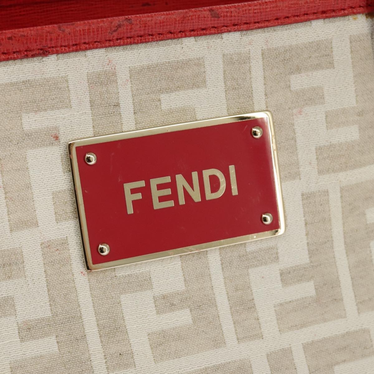 FENDI Zucca Canvas Tote Bag White Red Auth 98476