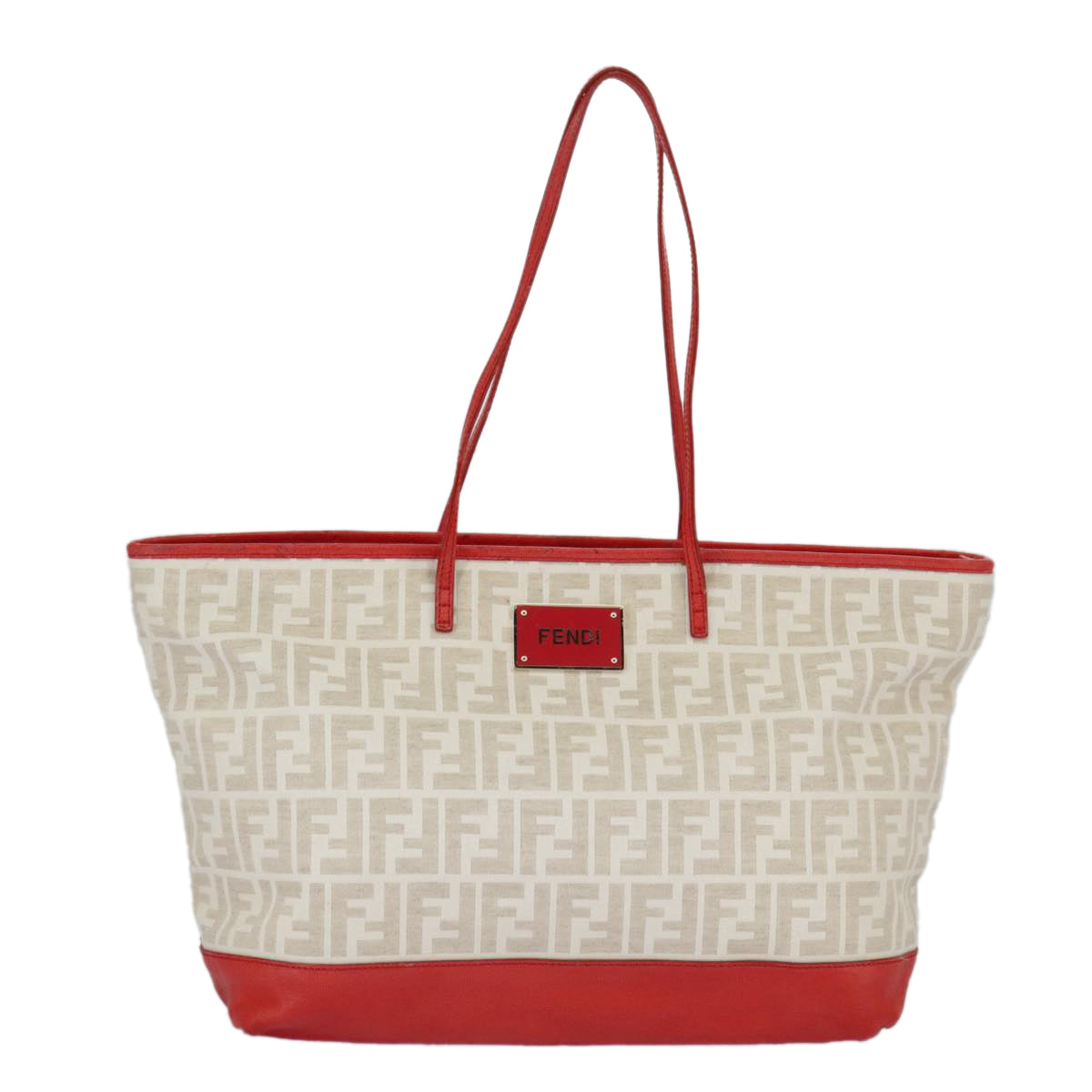 FENDI Zucca Canvas Tote Bag White Red Auth 98476