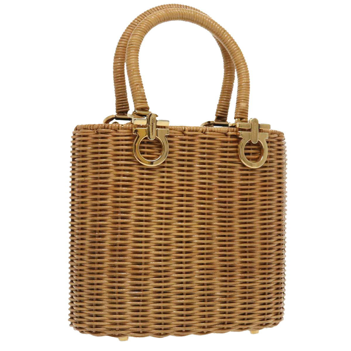 Salvatore Ferragamo Gancini Hand Bag Wicker Beige Gold Auth 98528AM