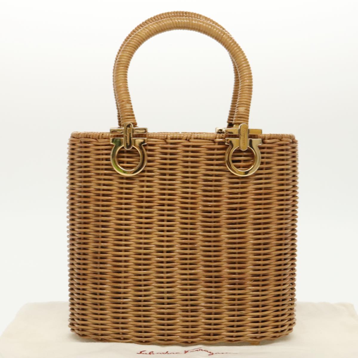 Salvatore Ferragamo Gancini Hand Bag Wicker Beige Gold Auth 98528AM
