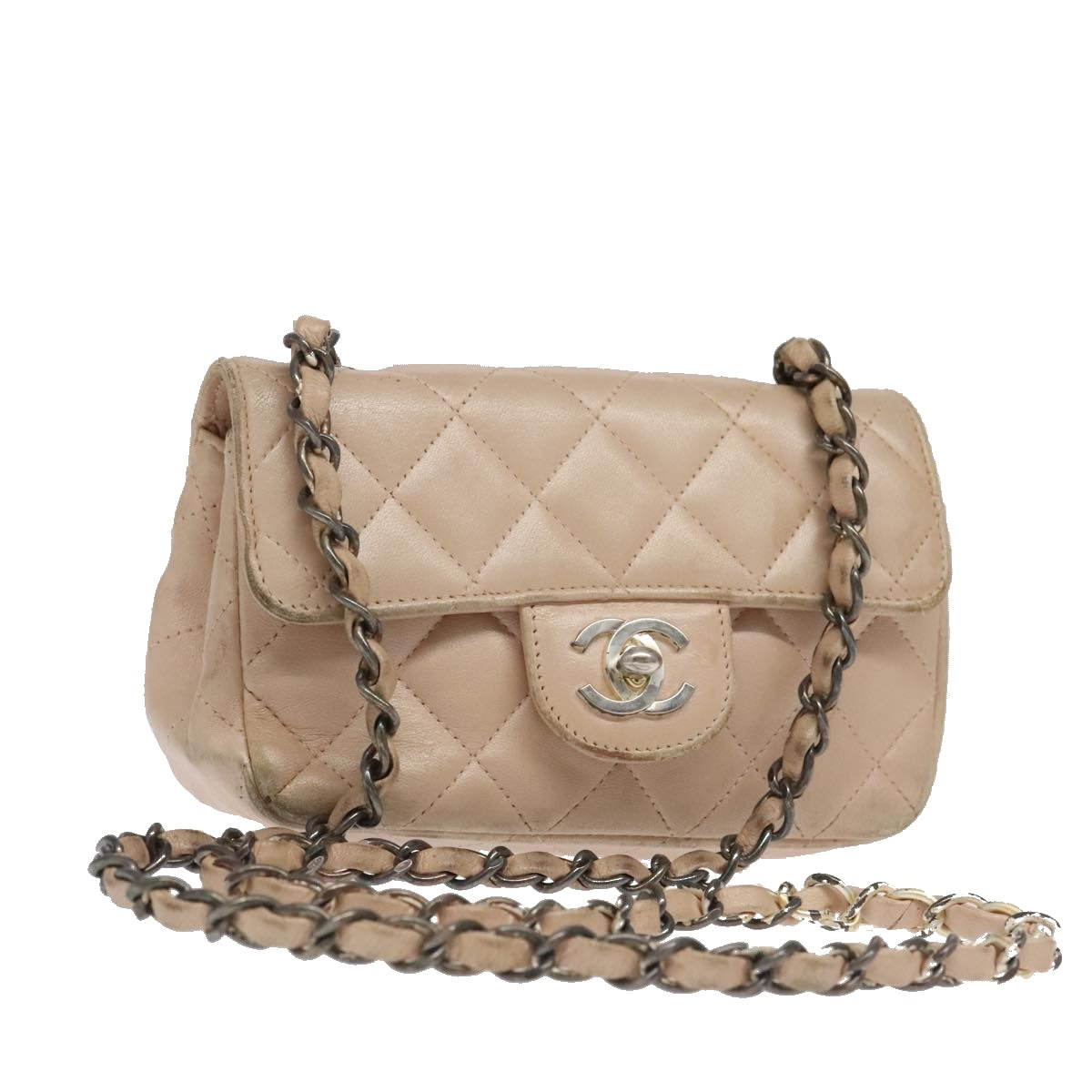 CHANEL Mini Matelasse Chain Shoulder Bag Lamb Skin Silver Pink CC Auth 98532