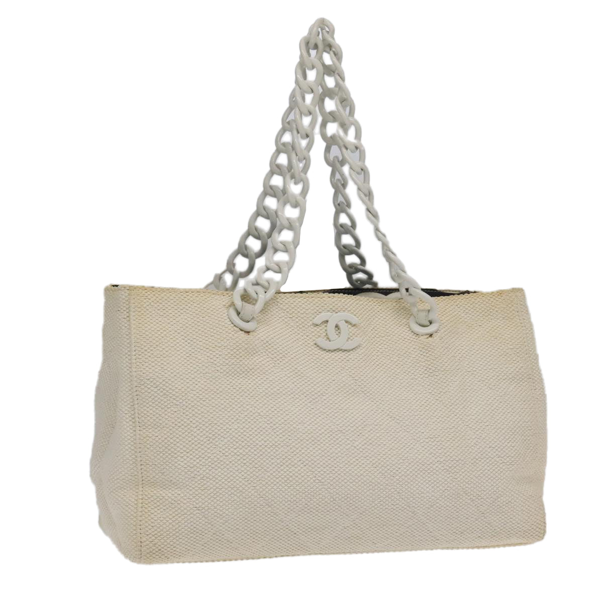 CHANEL Chain Tote Bag Straw Canvas White CC Auth 98533