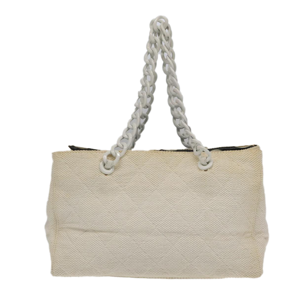 CHANEL Chain Tote Bag Straw Canvas White CC Auth 98533