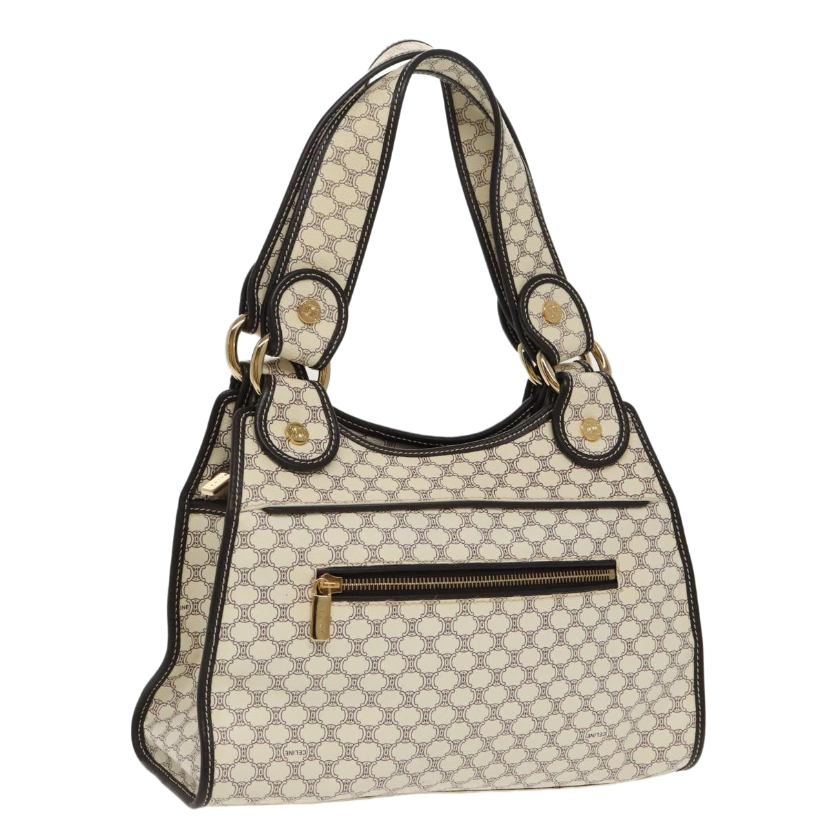 CELINE Macadam Canvas Hand Bag PVC White Gold Auth 98542