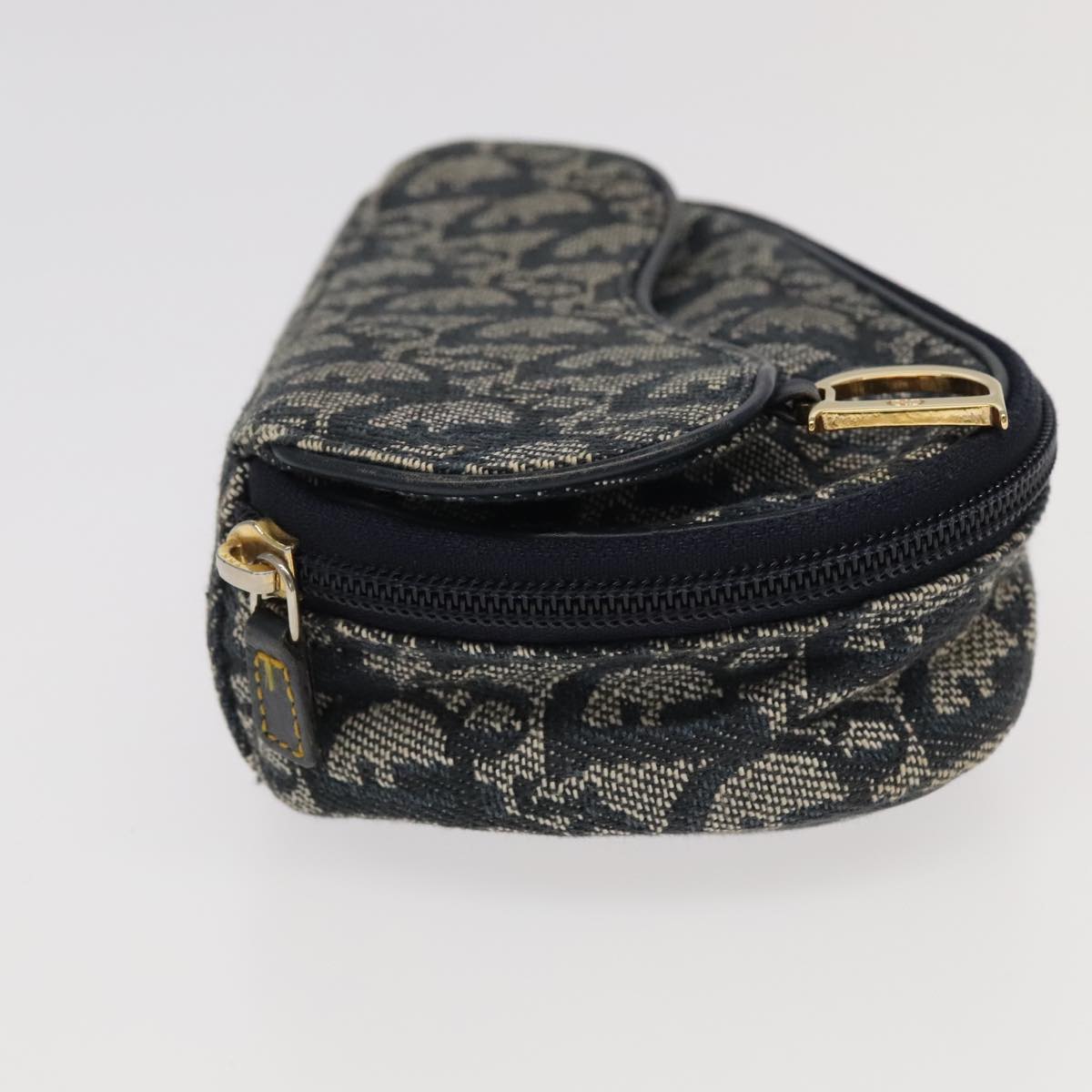 Christian Dior Trotter Canvas Saddle Pouch Navy Gold Auth 98543