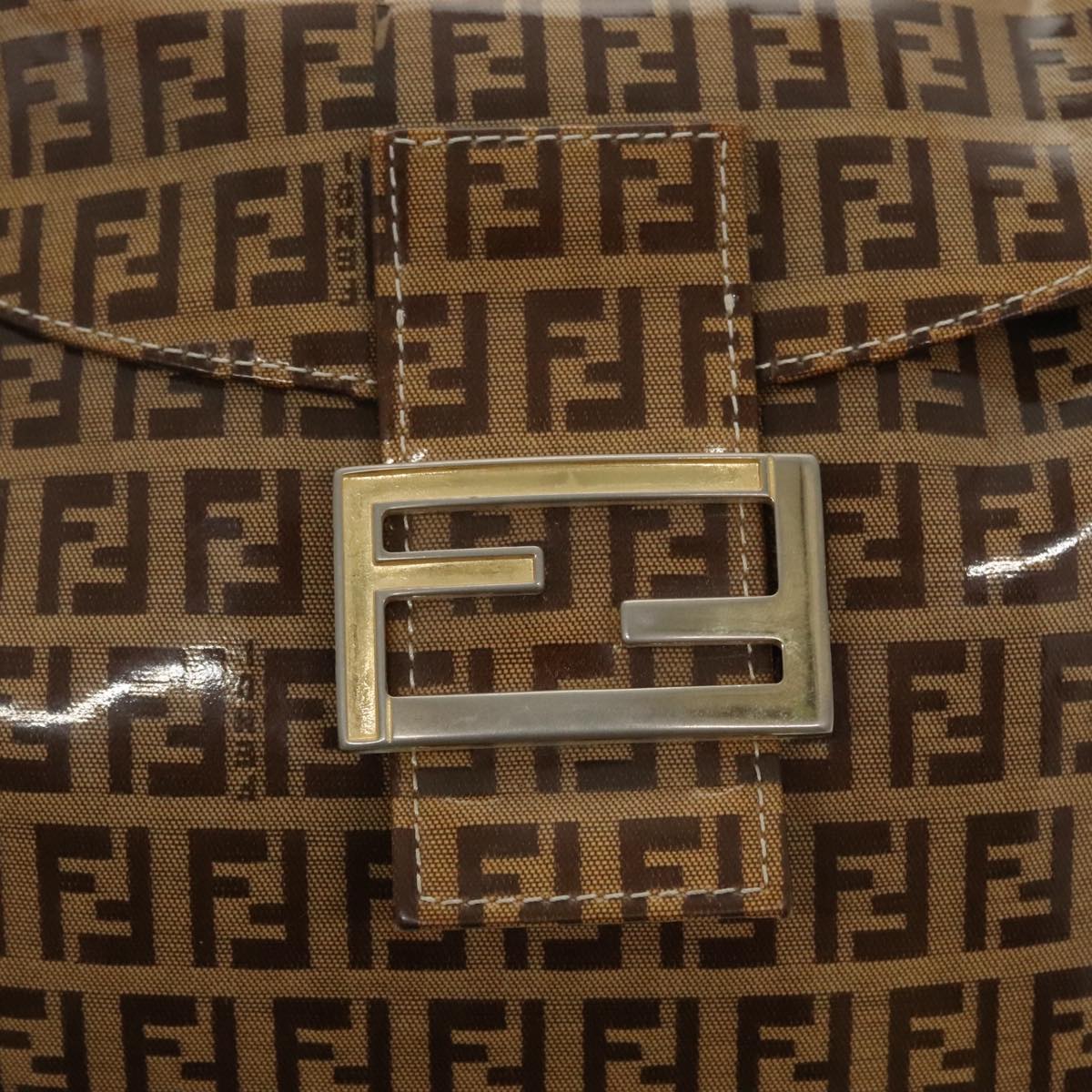 FENDI Zucchino Canvas Mamma Baguette Shoulder Bag Beige Gold Auth 98793