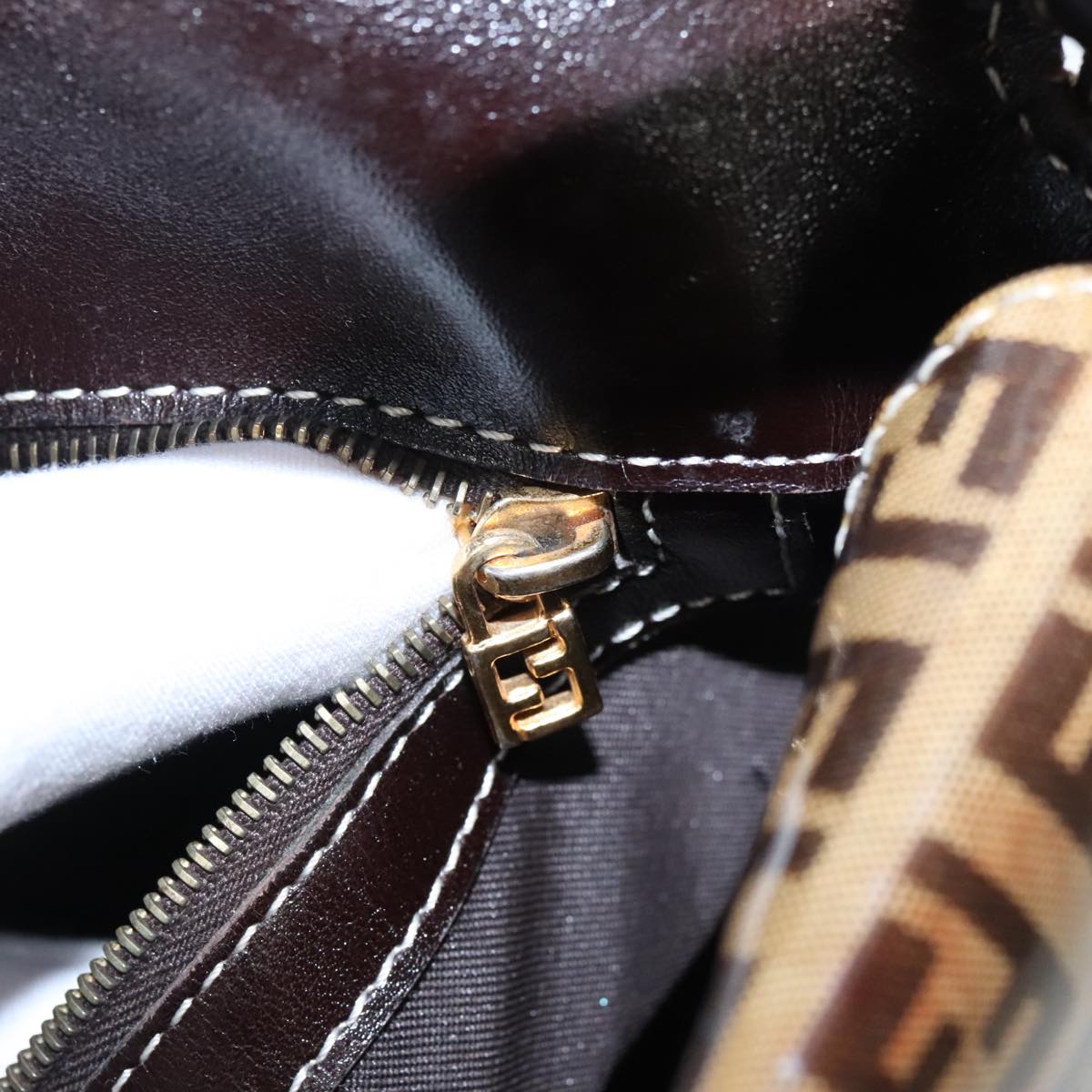 FENDI Zucchino Canvas Mamma Baguette Shoulder Bag Beige Gold Auth 98793
