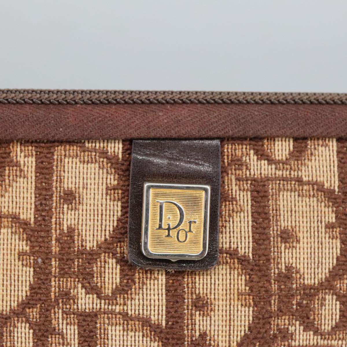 Christian Dior Trotter Canvas Pouch Beige Brown Gold Auth 98807