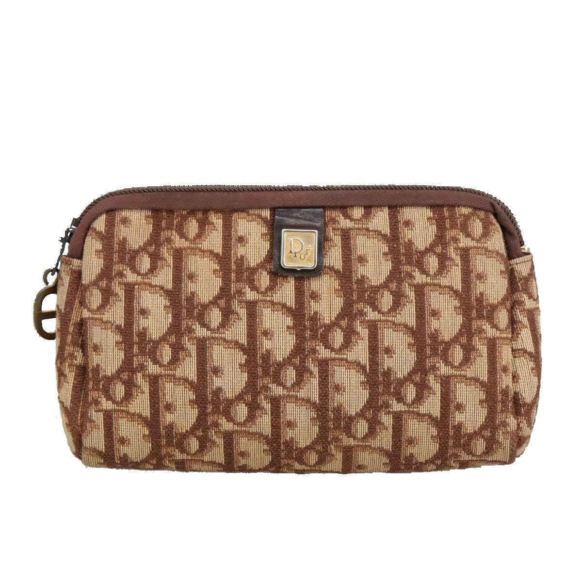 Christian Dior Trotter Canvas Pouch Beige Brown Gold Auth 98807