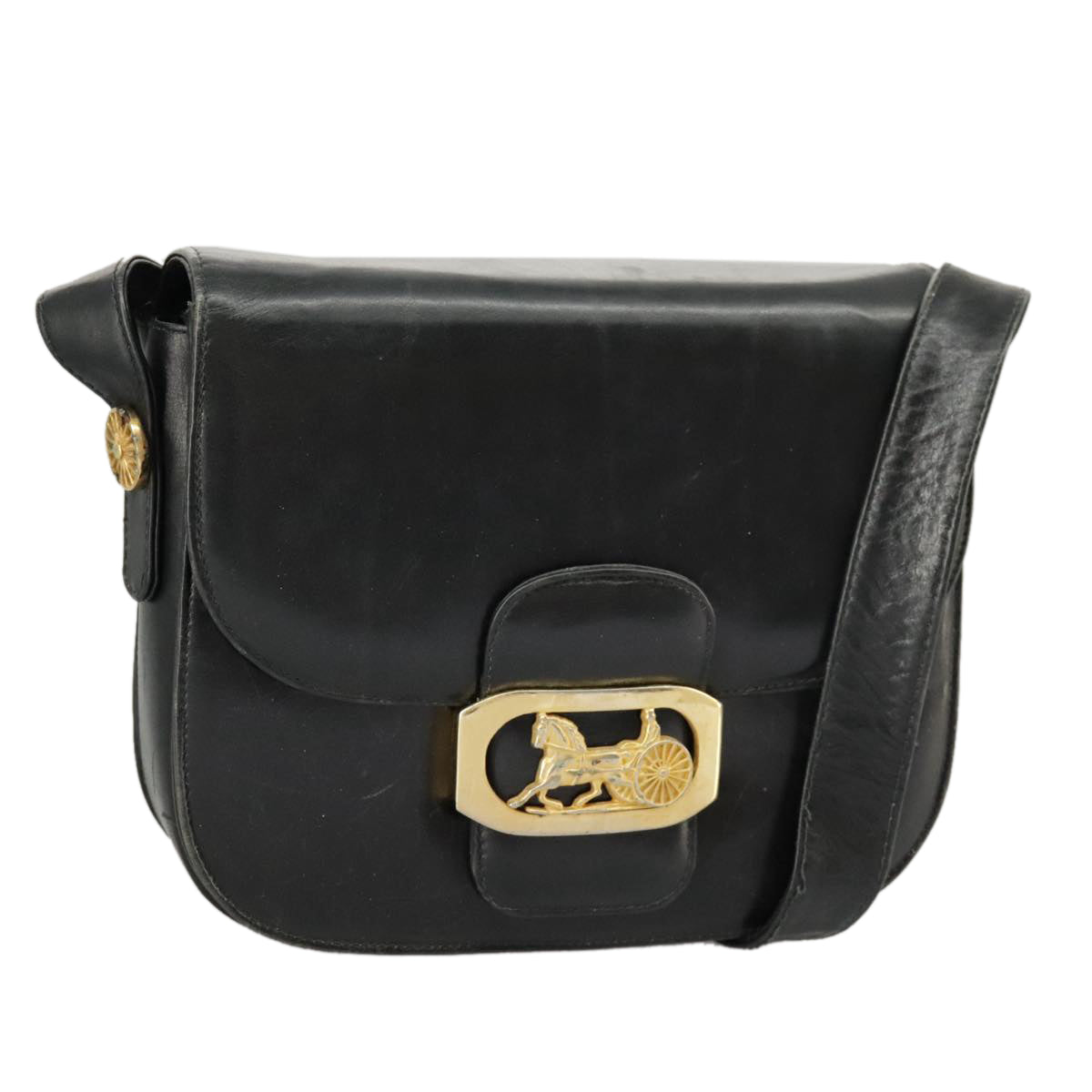 CELINE Horse Carriage Shoulder Bag Leather Black Gold Auth 98854