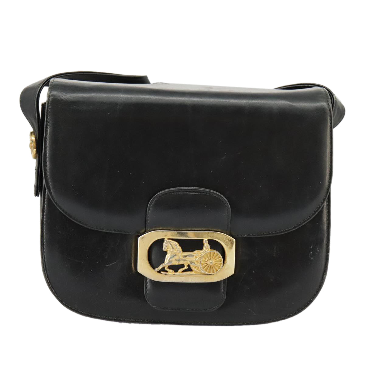 CELINE Horse Carriage Shoulder Bag Leather Black Gold Auth 98854