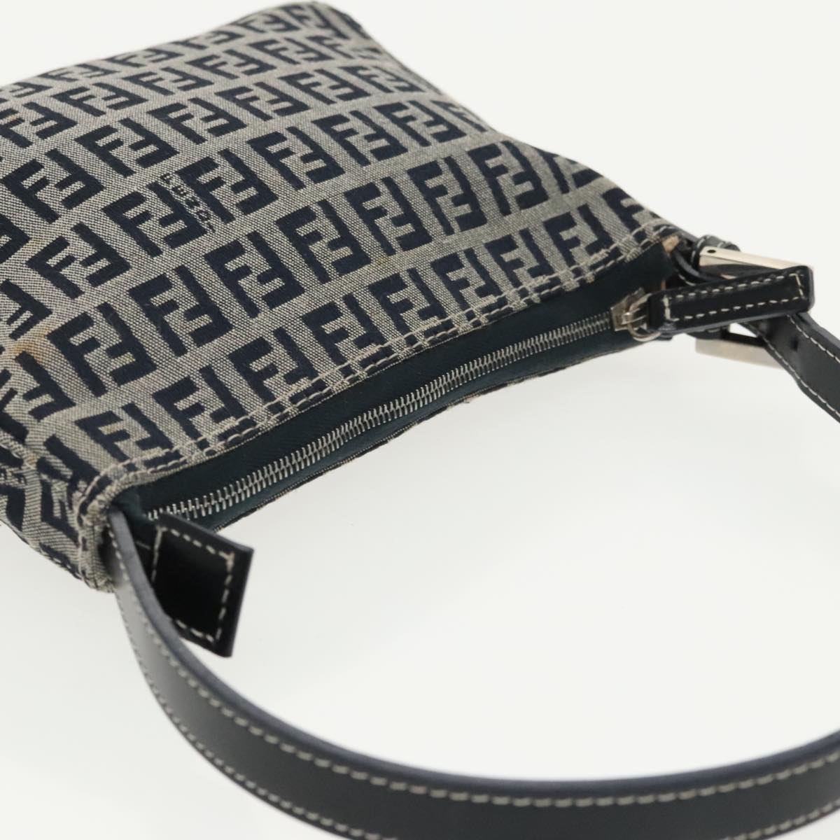 FENDI Zucchino Canvas Shoulder Bag Navy Silver Auth 98857