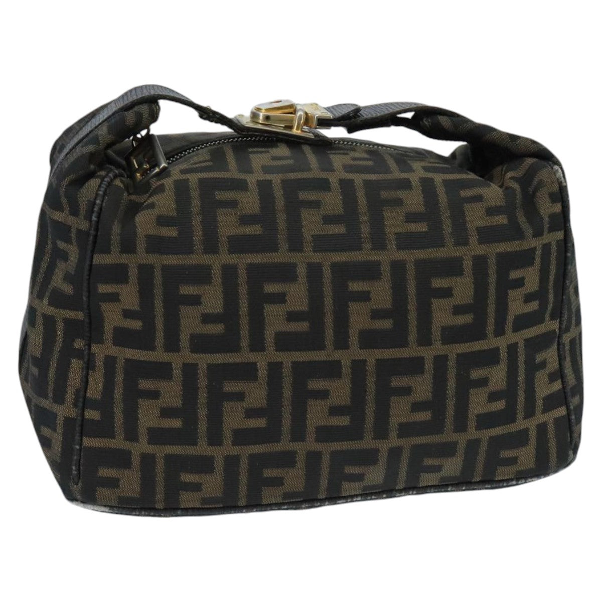 FENDI Zucca Canvas Vanity Pouch Brown Black Gold Auth 98904