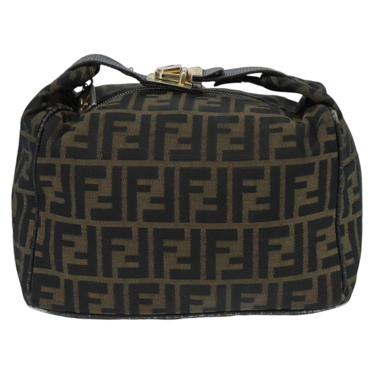 FENDI Zucca Canvas Vanity Pouch Brown Black Gold Auth 98904