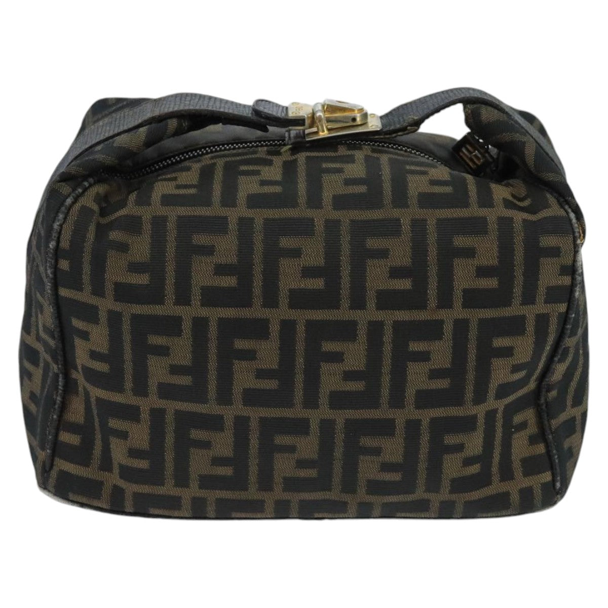 FENDI Zucca Canvas Vanity Pouch Brown Black Gold Auth 98904