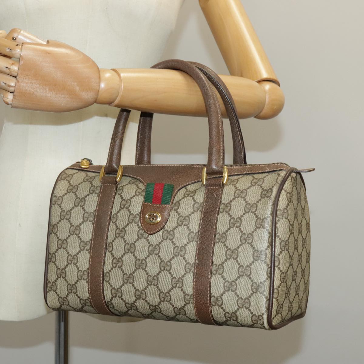 GUCCI GG Supreme Web Sherry Line Boston Bag PVC Beige Red 39 02 006 Auth 98939