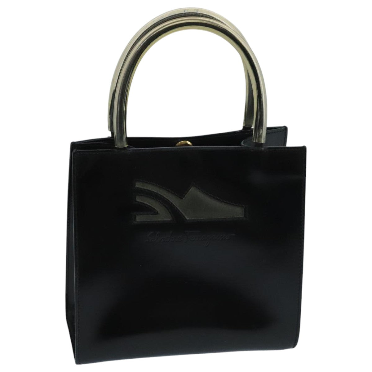 Salvatore Ferragamo Hand Bag Enamel Black Clear Gold Auth 99177