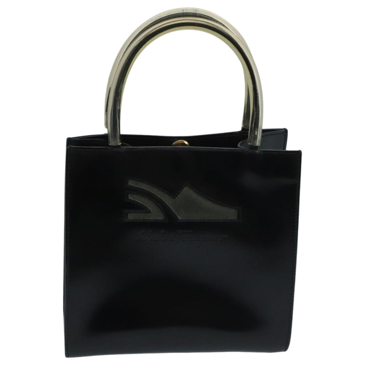 Salvatore Ferragamo Hand Bag Enamel Black Clear Gold Auth 99177