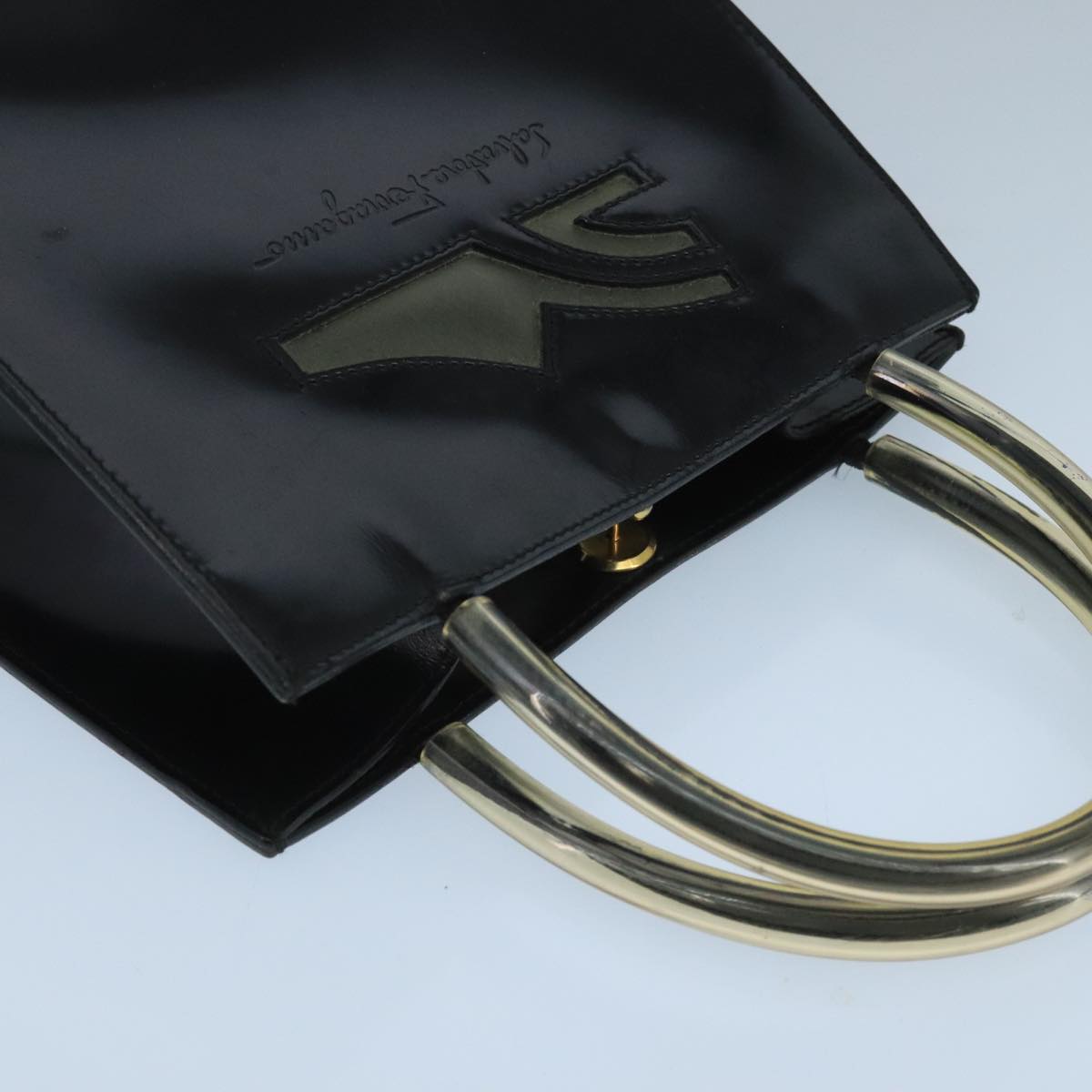 Salvatore Ferragamo Hand Bag Enamel Black Clear Gold Auth 99177