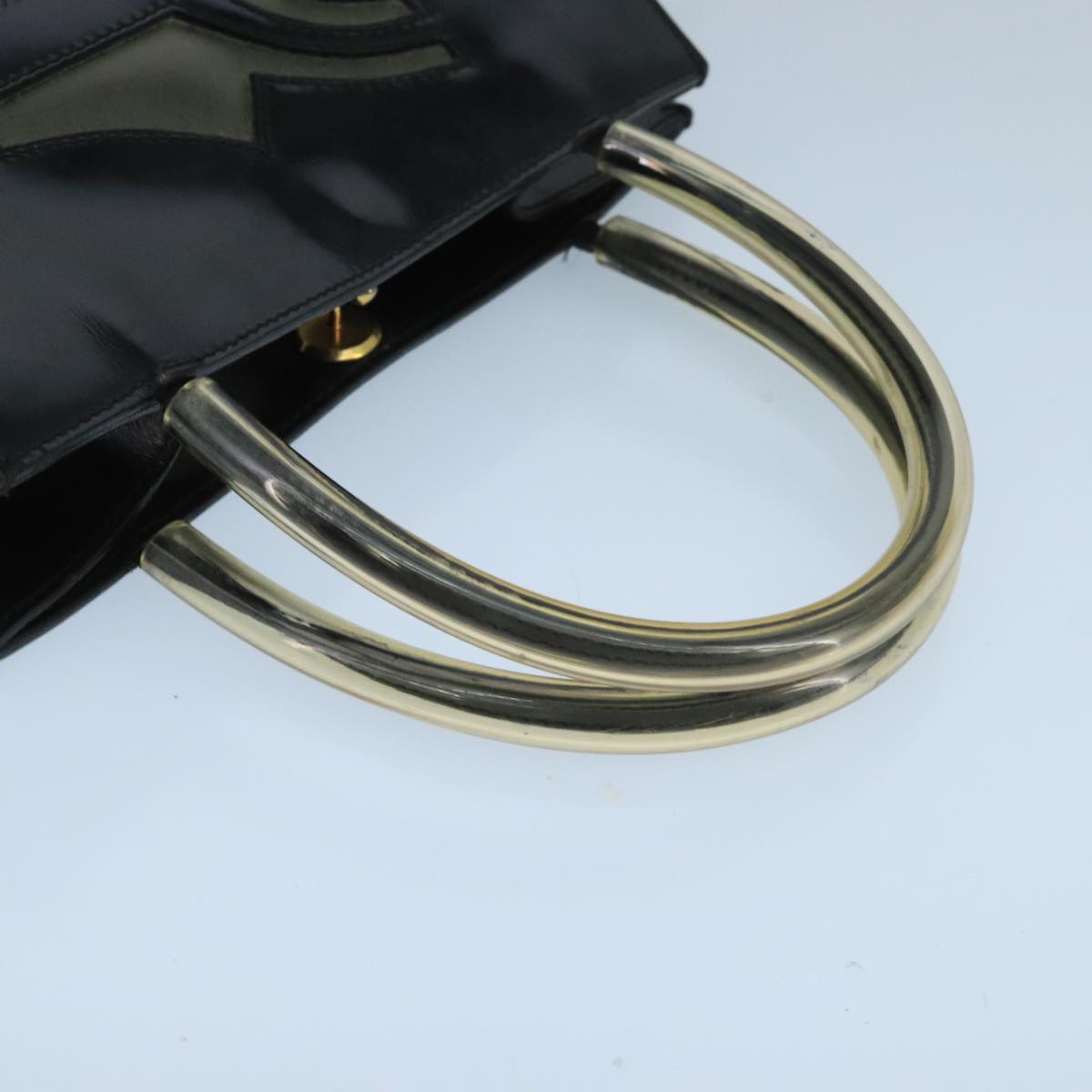 Salvatore Ferragamo Hand Bag Enamel Black Clear Gold Auth 99177