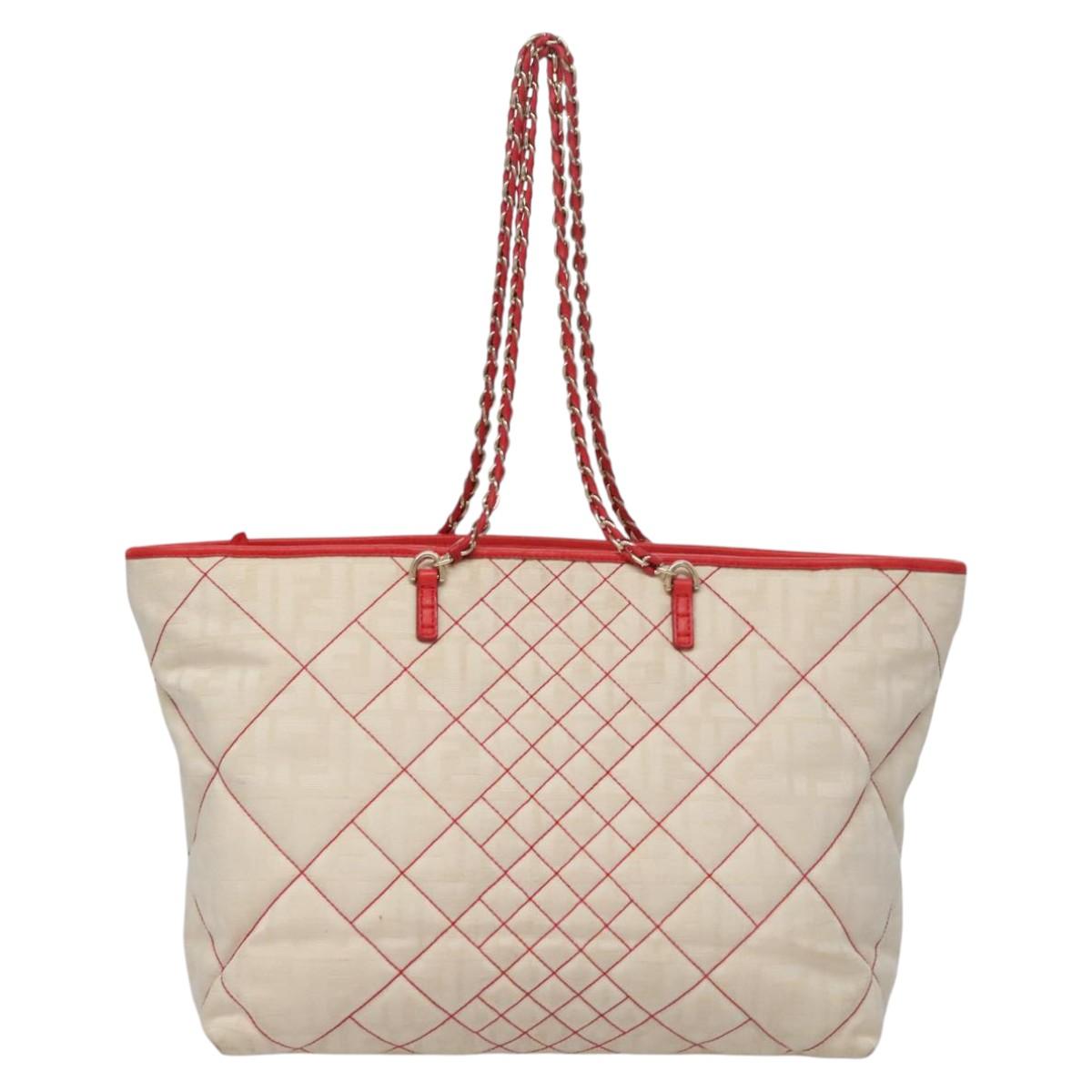 FENDI Zucca Canvas Chain Tote Bag Beige Auth 99179