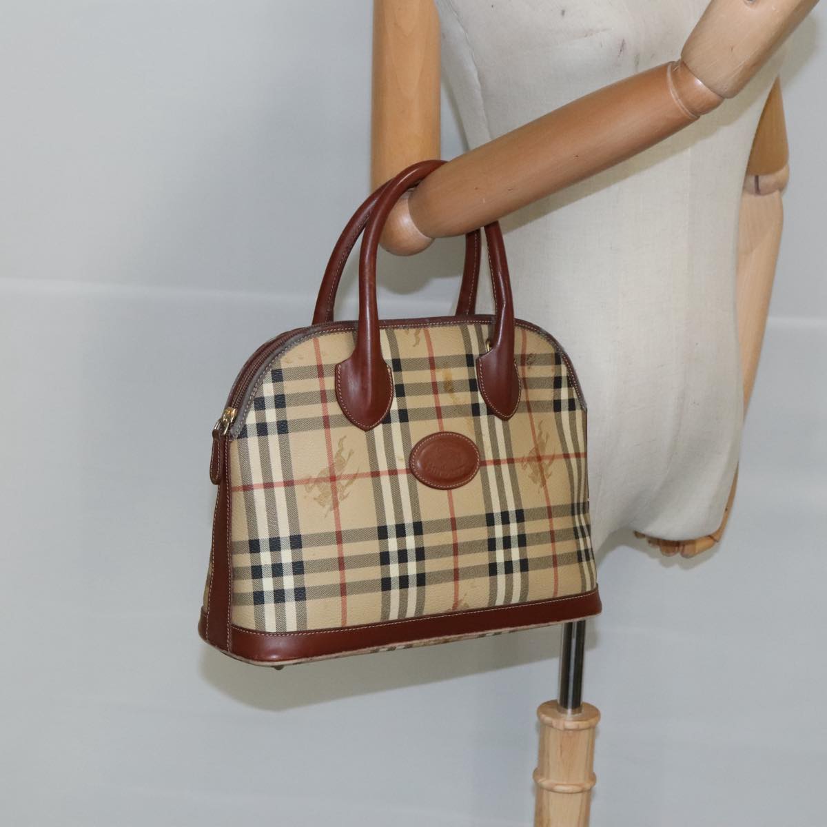 Burberrys Nova Check Hand Bag PVC Beige Gold Auth 99334