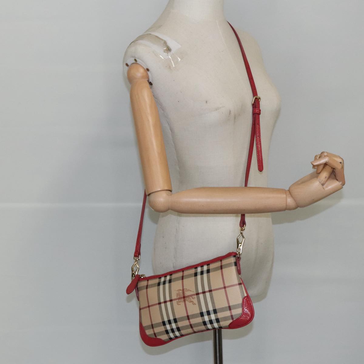 BURBERRY Nova Check Shoulder Bag PVC Beige Gold Auth 99338