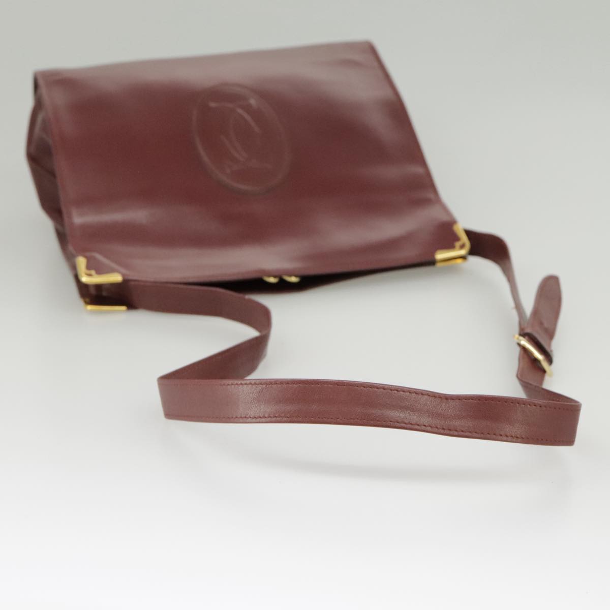 CARTIER Shoulder Bag Leather Gold Wine Red Auth 99354