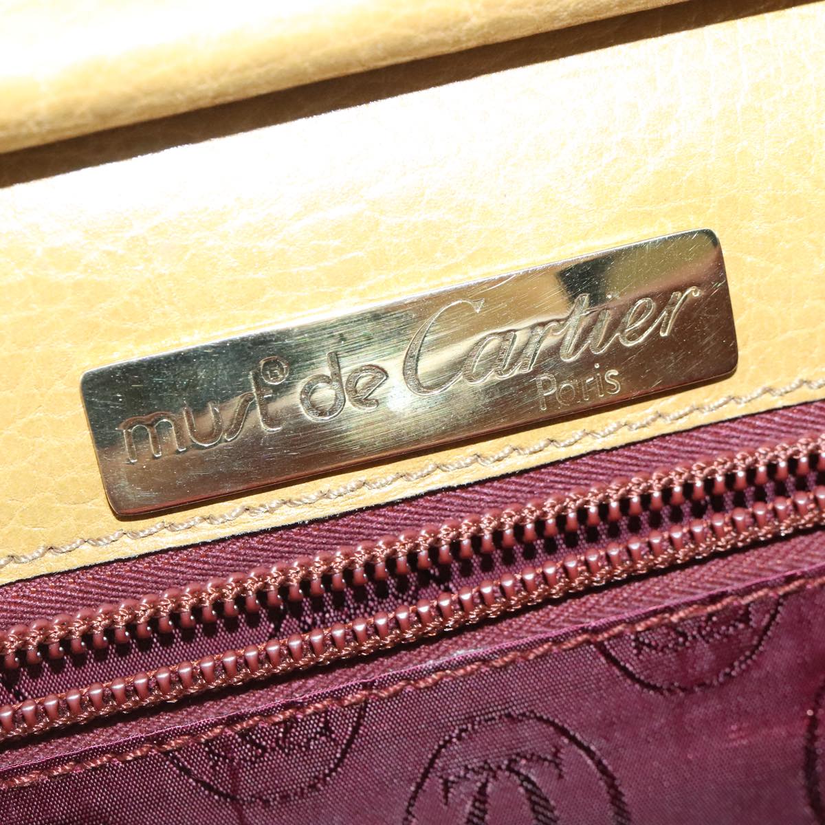 CARTIER Shoulder Bag Leather Beige Wine Red Auth 99355