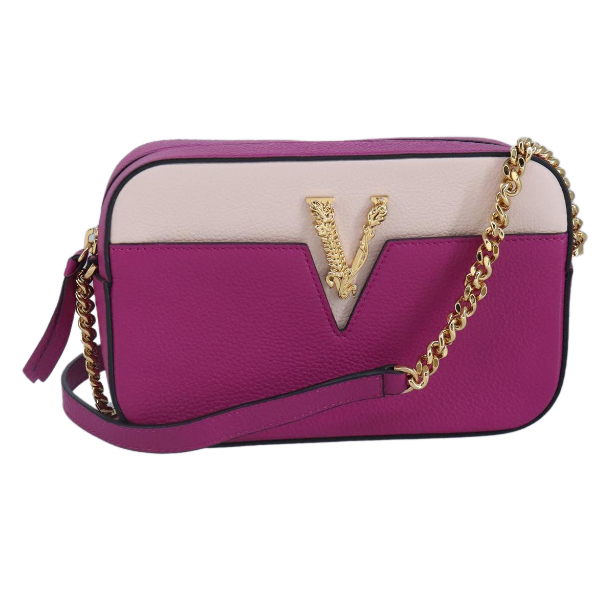 VERSACE Chain Shoulder Bag Leather Pink Gold Auth 99384