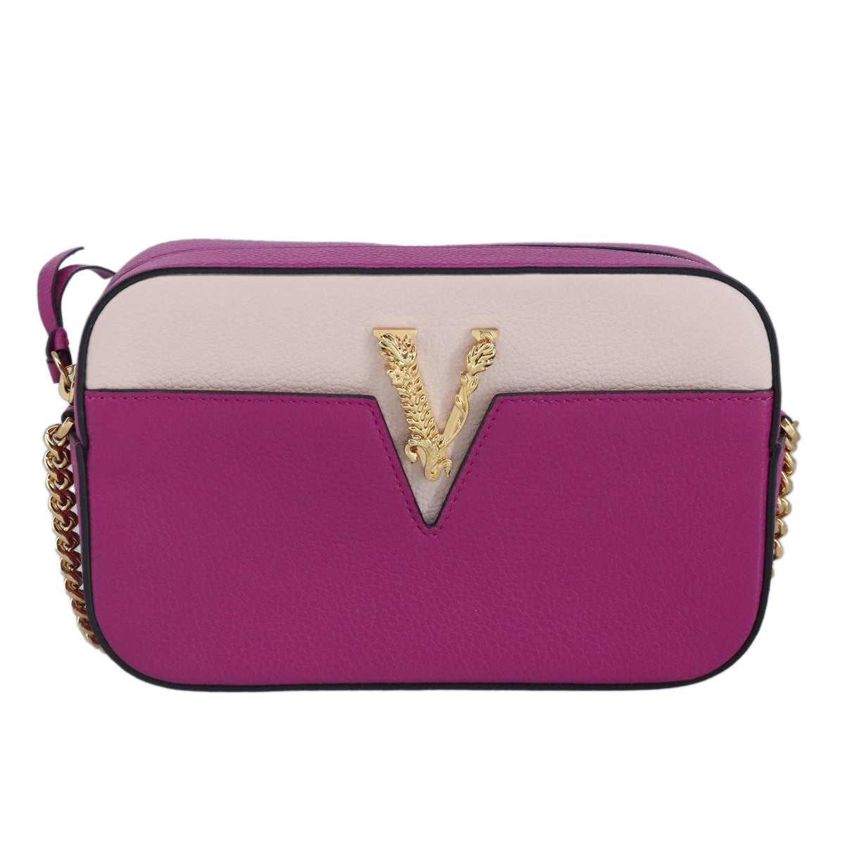 VERSACE Chain Shoulder Bag Leather Pink Gold Auth 99384