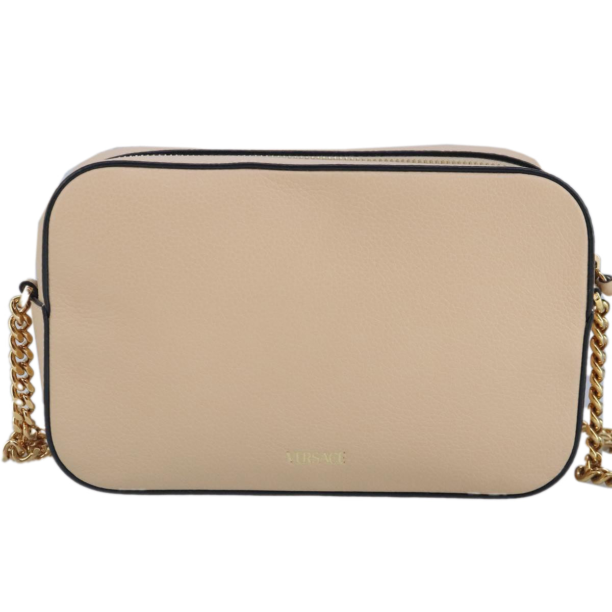 VERSACE Chain Shoulder Bag Leather Beige Gold Auth 99387